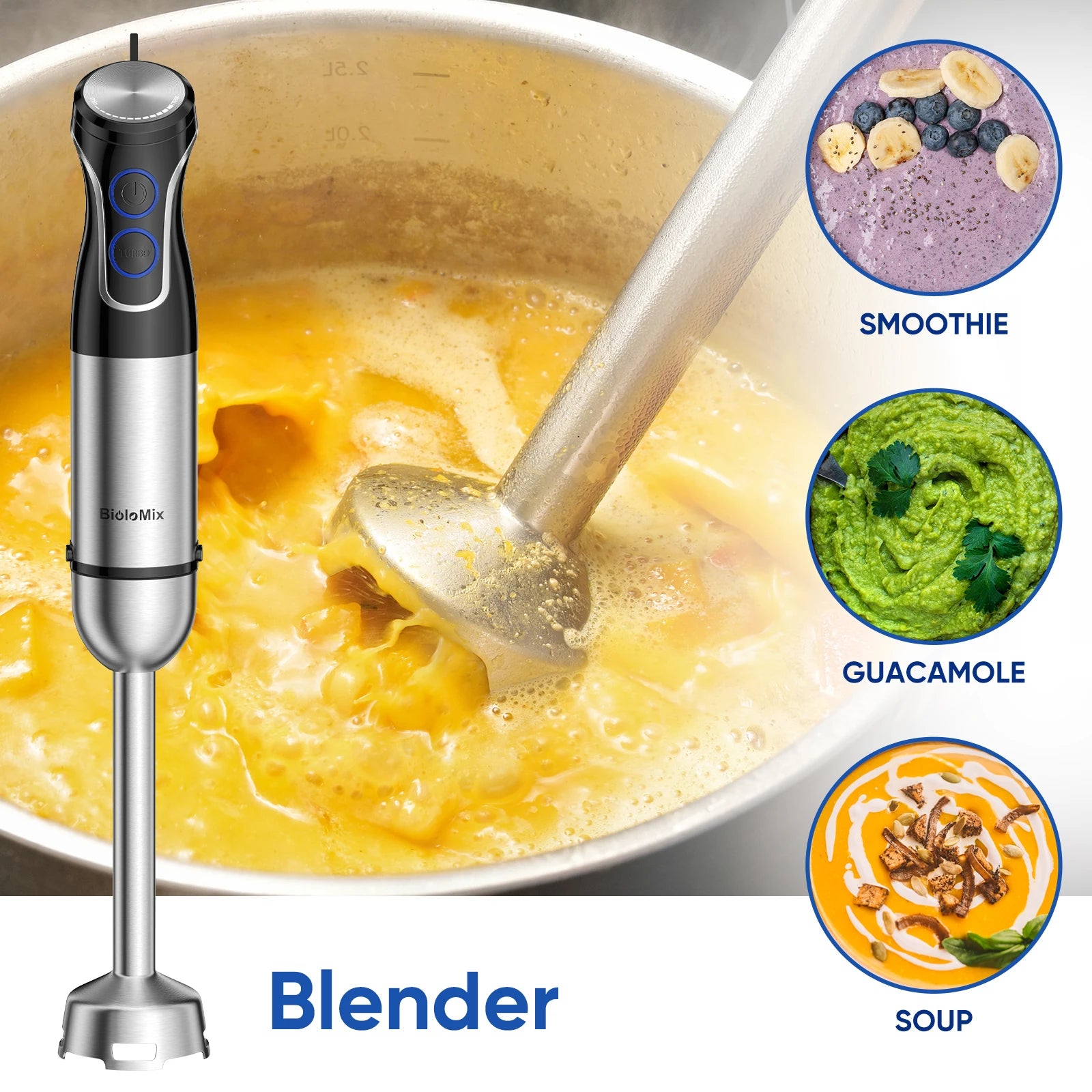 5-in-1 Stabmixer 1500 W – Hochleistungs-Handmixer mit Edelstahlklingen, Kupfermotor und Zubehör für Smoothies, Pürees und Babynahrung