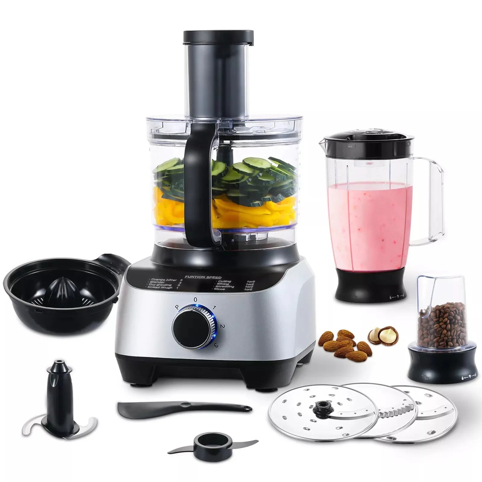 Multifunktionale Küchenmaschine 1300 W – 11-in-1 Küchenmixer mit 3,5 L Rührschüssel, 1,5 L Mixeraufsatz, Edelstahlklingen und Pulsfunktion, silber