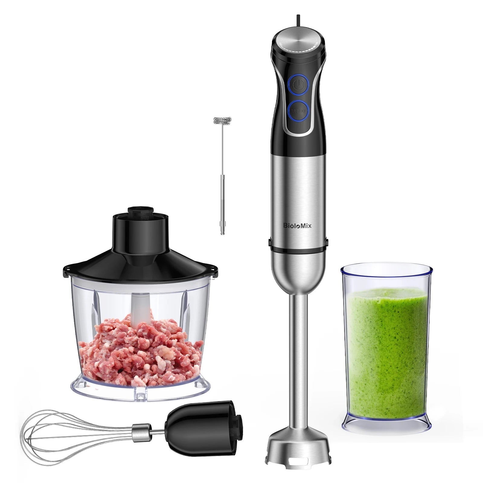 5-in-1 Stabmixer 1500 W – Hochleistungs-Handmixer mit Edelstahlklingen, Kupfermotor und Zubehör für Smoothies, Pürees und Babynahrung
