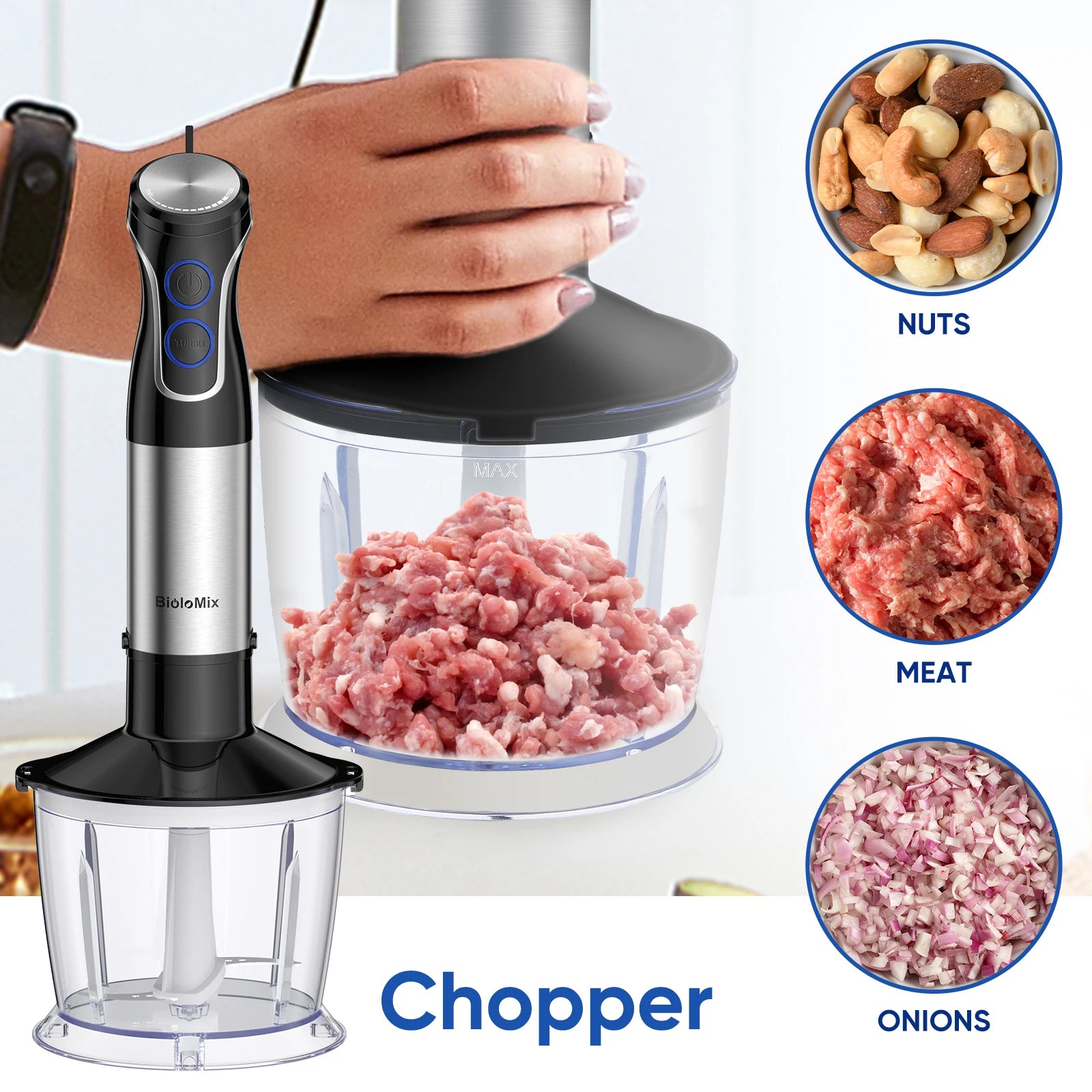 5-in-1 Stabmixer 1500 W – Hochleistungs-Handmixer mit Edelstahlklingen, Kupfermotor und Zubehör für Smoothies, Pürees und Babynahrung